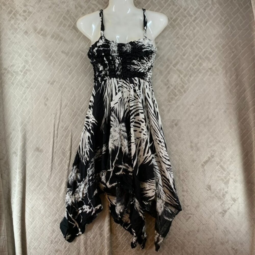 By The Sea Womans One Size Dress Black White Palm Print Knee Length Stretchy